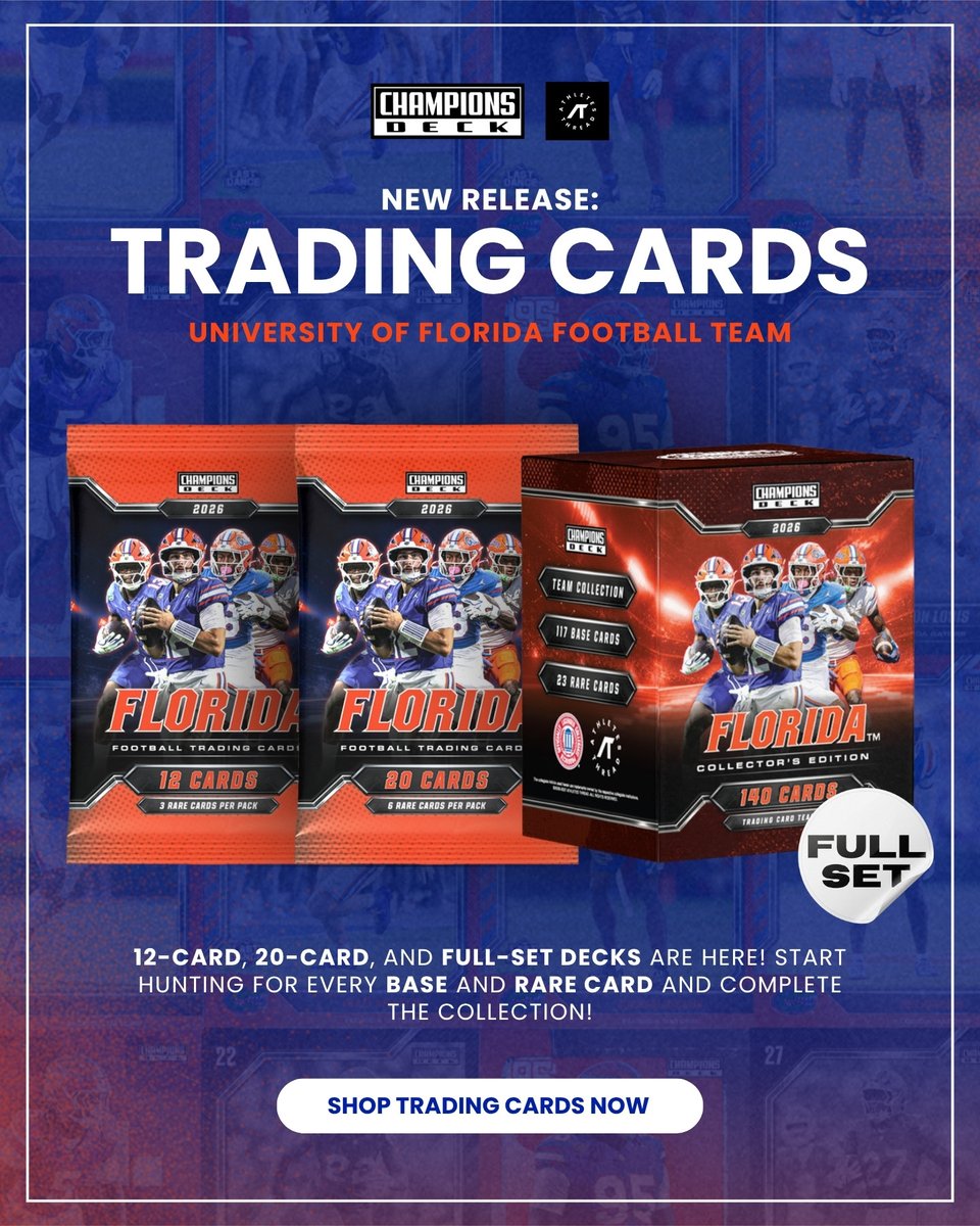 GatorThreads's tweet photo. 🏈 Florida Football Trading Cards are here! 🐊

Collect your favorite Gators, hunt for rare cards, and complete the collection with 12-card, 20-card, or full-set decks! 🔥

🛒 Shop trading cards now, https://t.co/O82335xIxf

#GoGators #FloridaGators #GatorsFootball https://t.co/FeQW0BzKvb