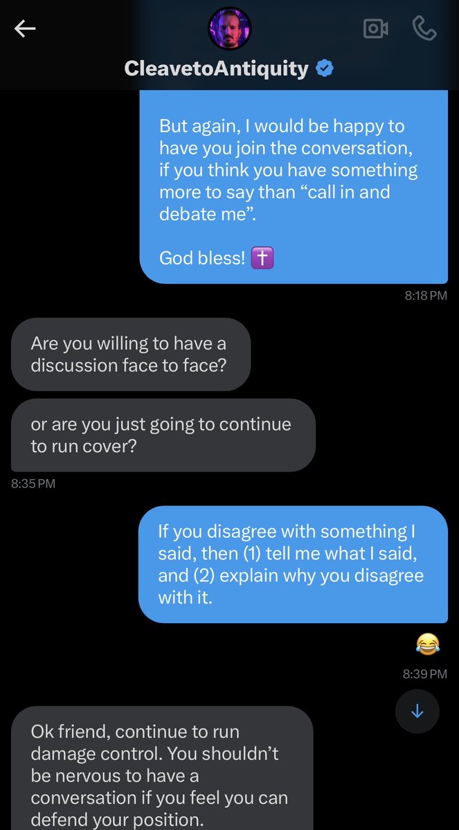 How2BeChristian's tweet photo. Hey Ben (@C2Antiquity),

Your whole “you ran from me” shtick doesn’t really work when you were the one who blocked our account, thus ending the conversation.

Attached is our conversation with Ben from last year.  He refused to give us a debate topic and then he blocked us.

Now he’s accusing us of running.

Still right here, Ben 😏

Love,
El Pollo 🐥