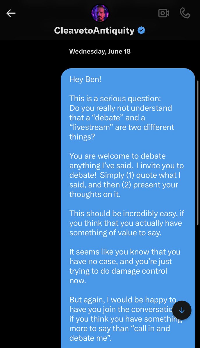 How2BeChristian's tweet photo. Hey Ben (@C2Antiquity),

Your whole “you ran from me” shtick doesn’t really work when you were the one who blocked our account, thus ending the conversation.

Attached is our conversation with Ben from last year.  He refused to give us a debate topic and then he blocked us.

Now he’s accusing us of running.

Still right here, Ben 😏

Love,
El Pollo 🐥