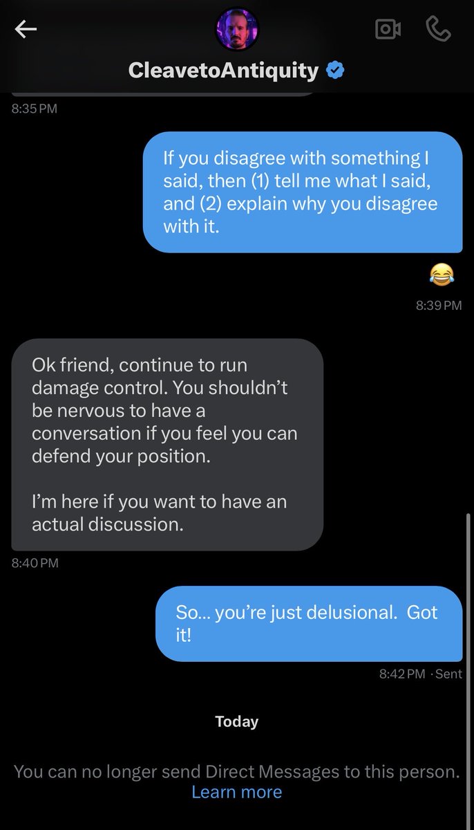 How2BeChristian's tweet photo. Hey Ben (@C2Antiquity),

Your whole “you ran from me” shtick doesn’t really work when you were the one who blocked our account, thus ending the conversation.

Attached is our conversation with Ben from last year.  He refused to give us a debate topic and then he blocked us.

Now he’s accusing us of running.

Still right here, Ben 😏

Love,
El Pollo 🐥