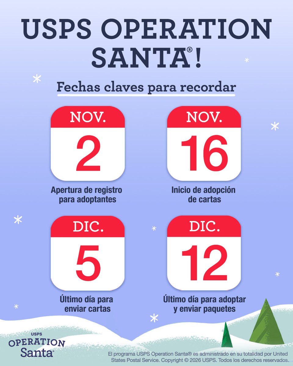 USPSOpSanta's tweet photo. Attention letter writers and adopters! Mark these essential #USPSOperationSanta dates on your calendar 🗓️ https://t.co/doGKoJ3930

¡Atención, escritores de cartas y adoptantes! Marquen estas fechas importantes de #USPSOperationSanta en su calendario. 🗓 https://t.co/TOJG9nwpMD