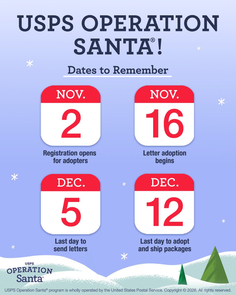 USPSOpSanta's tweet photo. Attention letter writers and adopters! Mark these essential #USPSOperationSanta dates on your calendar 🗓️ https://t.co/doGKoJ3930

¡Atención, escritores de cartas y adoptantes! Marquen estas fechas importantes de #USPSOperationSanta en su calendario. 🗓 https://t.co/TOJG9nwpMD
