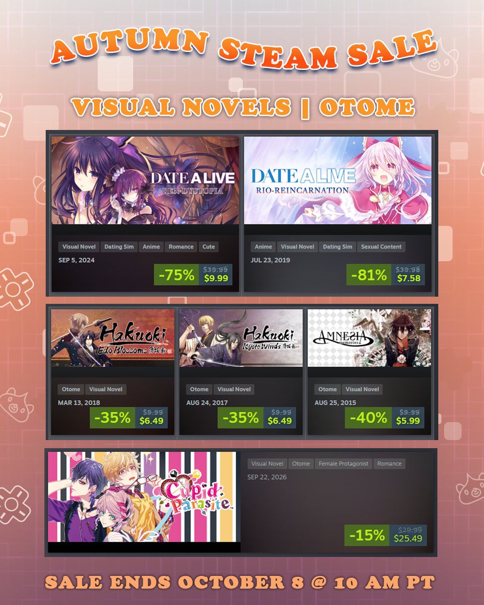 IdeaFactoryIntl's tweet photo. IFI is taking part in the Autumn #Steam Sale!

Check out various titles—whether it's #Neptunia, #otome, or one of our many RPGs—discounted up to 80% off!

Sale ends October 8 at 10AM PT!

Head to Idea Factory Intl.'s Steam page to take a peek at all of our deals below ⬇️
https://t.co/IcvjXpAU6h