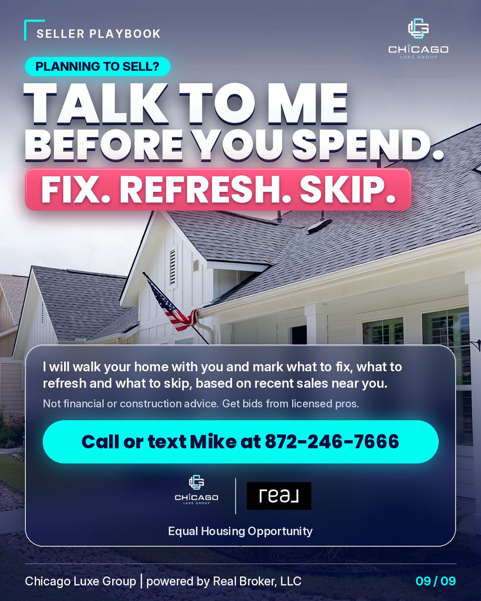 ChicagoLuxeGRP's tweet photo. Don't renovate before you sell. In Chicago, a midrange major kitchen remodel recouped 44.2% of cost on average (Cost vs Value 2025). Fix what scares buyers, refresh what photographs, skip what's personal. Not financial advice. Call or text Mike at 872-246-7666 #ChicagoLuxeGroup https://t.co/xw3V7BJUZb