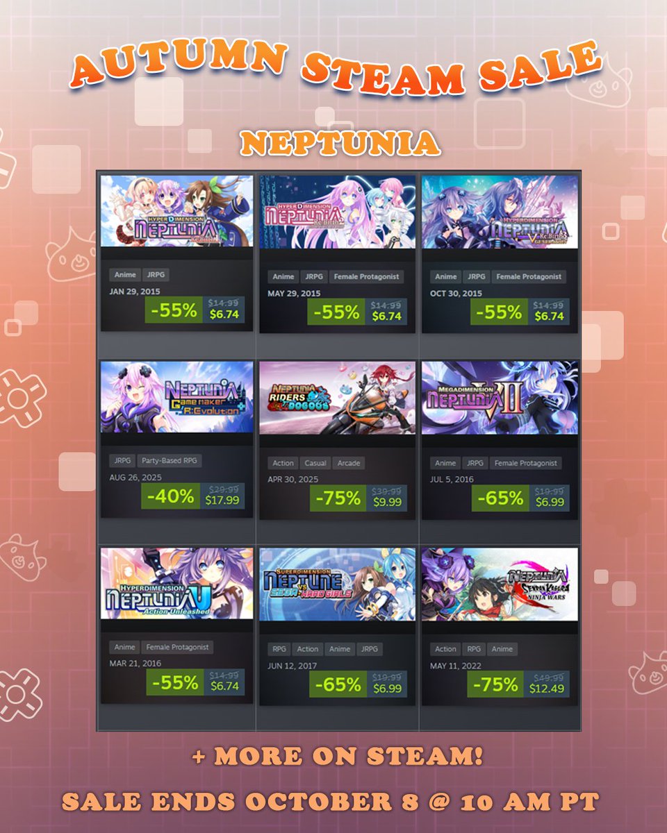 IdeaFactoryIntl's tweet photo. IFI is taking part in the Autumn #Steam Sale!

Check out various titles—whether it's #Neptunia, #otome, or one of our many RPGs—discounted up to 80% off!

Sale ends October 8 at 10AM PT!

Head to Idea Factory Intl.'s Steam page to take a peek at all of our deals below ⬇️
https://t.co/IcvjXpAU6h
