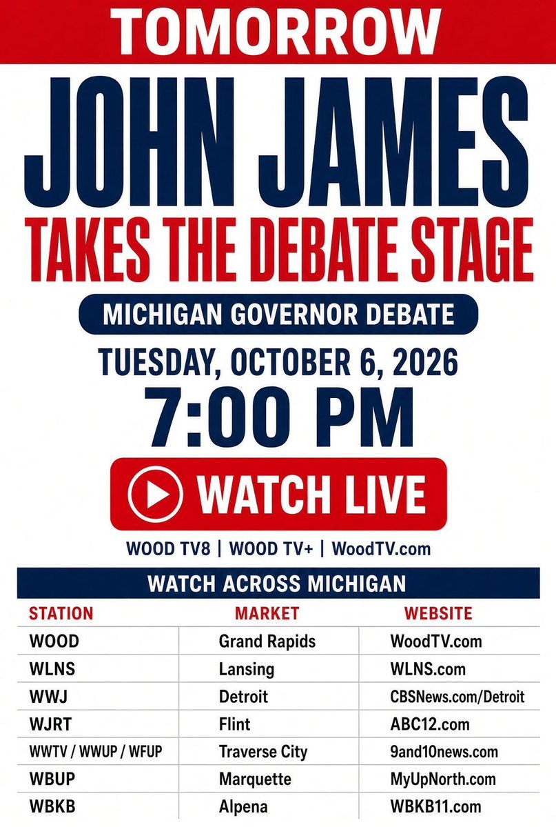 JohnJamesMI's tweet photo. TOMORROW I'M TAKING THE DEBATE STAGE. 🇺🇸

Michigan is ready for a comeback. I’m ready to fight for it.

Tune in TOMORROW, October 6 at 7:00 PM as I lay out my vision to REVERSE eight years of decline in Lansing and SAVE OUR STATE.

📺 Watch on your local TV station or https://t.co/uqdziFfUEA