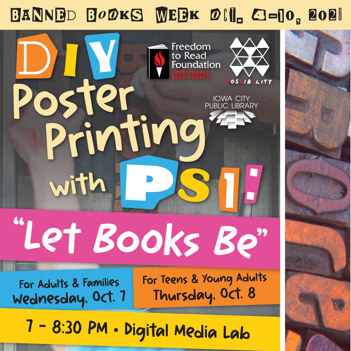 ICPL's tweet photo. Celebrate Banned Books Week with a poster-printing workshop! Join our event for adults and families on Wednesday, Oct. 7 or our event for teens and young adults on Thursday, Oct. 8, from 7 to 8:30 p.m. No printmaking experience necessary. https://t.co/1bAke2hrdC https://t.co/cwVh61jnTc