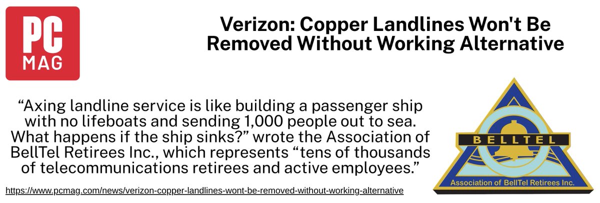 ButlerPR's tweet photo. .@PCMag reports on Verizon's response to pushback over its copper phaseout petition to the FCC. @BellTelRetiree strongly opposed the move, warning of the dangers posed to vulnerable communities.
#BellTelRetirees #PCMag #TelecomNews #SaveOurLandlines #FCC https://t.co/pyv1Til13i
