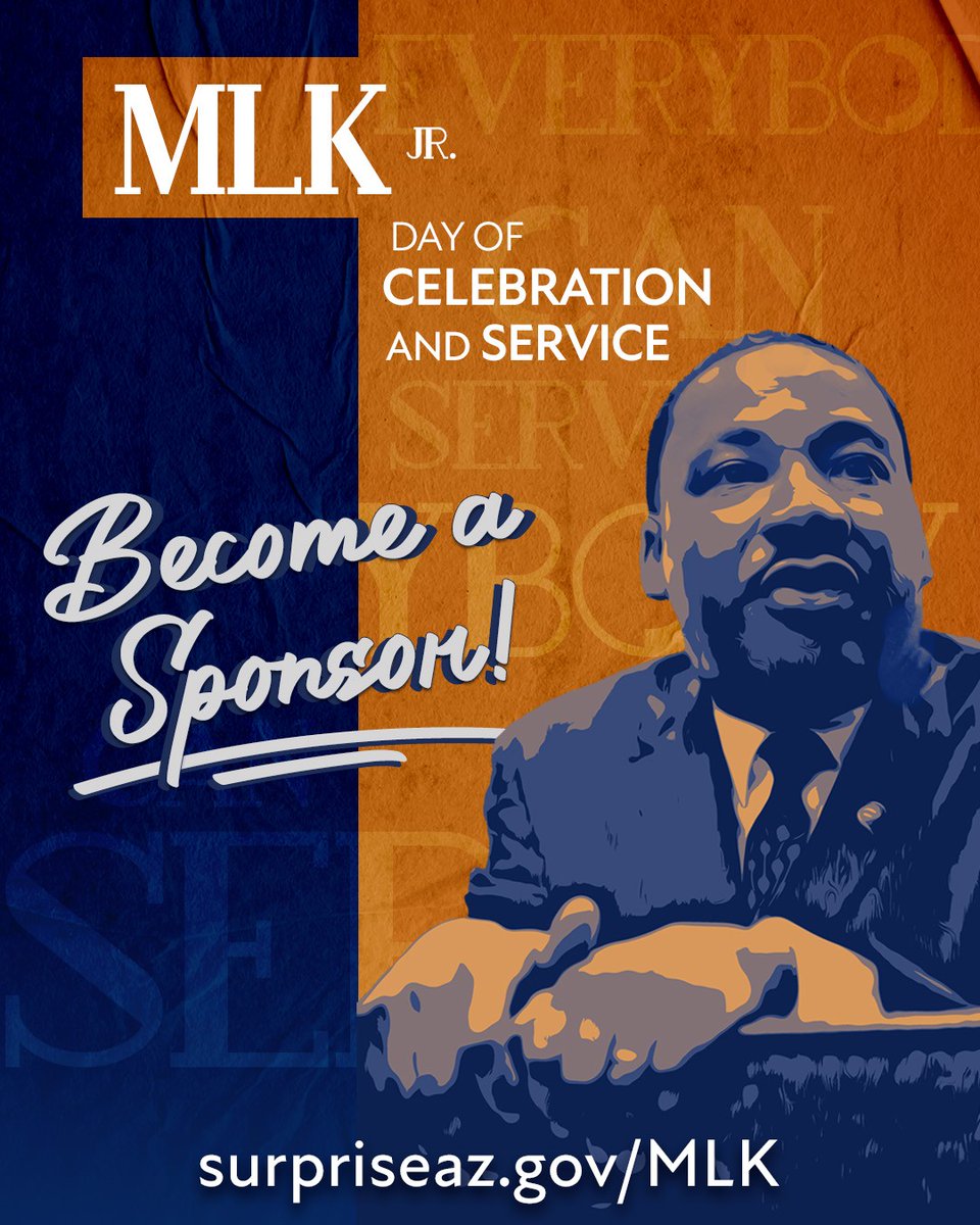 SurpriseCares's tweet photo. 11th Annual Dr. Martin Luther King, Jr. Day of Celebration &amp; Service
Saturday, January 16, 2027
8 a.m. – noon
The Vista Center for the Arts
15660 N. Parkview Place
Surprise, AZ 85374

View available sponsorship opportunities at https://t.co/nLt1JhYgav https://t.co/X8wTuSy5pu