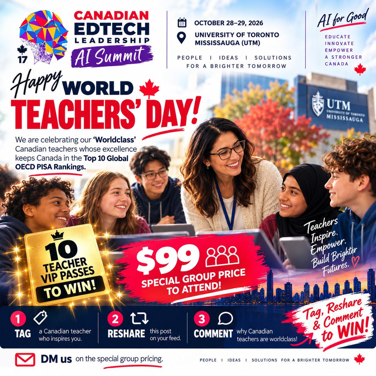 MindShareLearn's tweet photo. 🍎 Happy World Teachers’ Day! 🍁

Today, we celebrate Canada’s world-class teachers whose passion, innovation and commitment to students help keep Canada among the top-performing education systems globally in OECD PISA.

To celebrate, the 17th Canadian EdTech AI Leadership Summit is giving away 10 Teacher VIP Passes to join us October 28–29 at the University of Toronto Mississauga! 🎟️

Want to WIN a VIP Pass?

👉 TAG a Canadian teacher who inspires you
🔄 RESHARE this post
💬 COMMENT and tell us why Canadian teachers are world-class!

And because we want more educators at the table, we're offering a special $99 group rate for teachers. DM me for details.

At a pivotal moment for education, teacher voice matters more than ever as we explore AI for Good and Advancing Human Flourishing.

Let’s celebrate the educators who inspire, empower and shape Canada’s future. 🇨🇦❤️

#WorldTeachersDay #CanadianTeachers #Teachers #EdTech #AIinEducation #CanadianEdTech #EdTechAI #HumanFlourishing #EducationLeadership #UTM #Mississauga