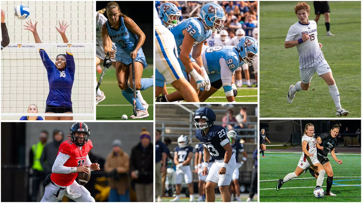 NESCAC's tweet photo. NESCAC Players of the Week

🏑Eleanor Helm, Tufts
🏈Matt Fitzsimons, Wesleyan
🏈James Woodward, Middlebury
🏈Riley Yaker, Tufts
⚽️JJ Ruehlemann, Williams
⚽️Eleanor Martin, Bates
🏐Chidimma Obi, Williams

> https://t.co/HAY0WzqOIP https://t.co/hmv54awvj5