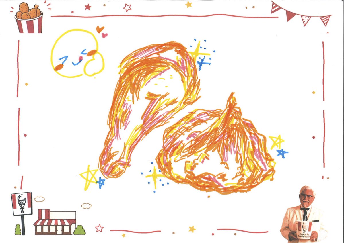 KFC_jp's tweet photo. ／
夏休みお絵かきイベントレポート
〜ららぽーと名古屋みなとアクルス店〜
＼

子どもたちが描いてくれた
「🎨オリジナルチキンお絵かき🍗」

同じKFCでも、こんなに違う！
みなさんは子どものころ、KFCで何を食べるのが楽しみでしたか？ https://t.co/wayTNM752G