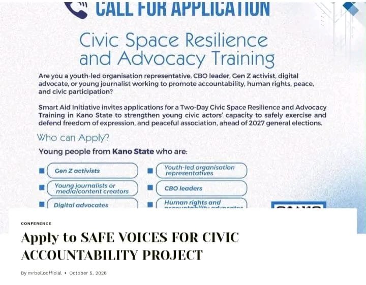 activists_404's tweet photo. Smart Aid Initiative is inviting applications from youth-led organization representatives, CBO leaders, Gen Z activists, digital advocates, young journalists, media/content creators, and human rights/accountability advocates in Kano States. https://t.co/GdMc5Gxs1W