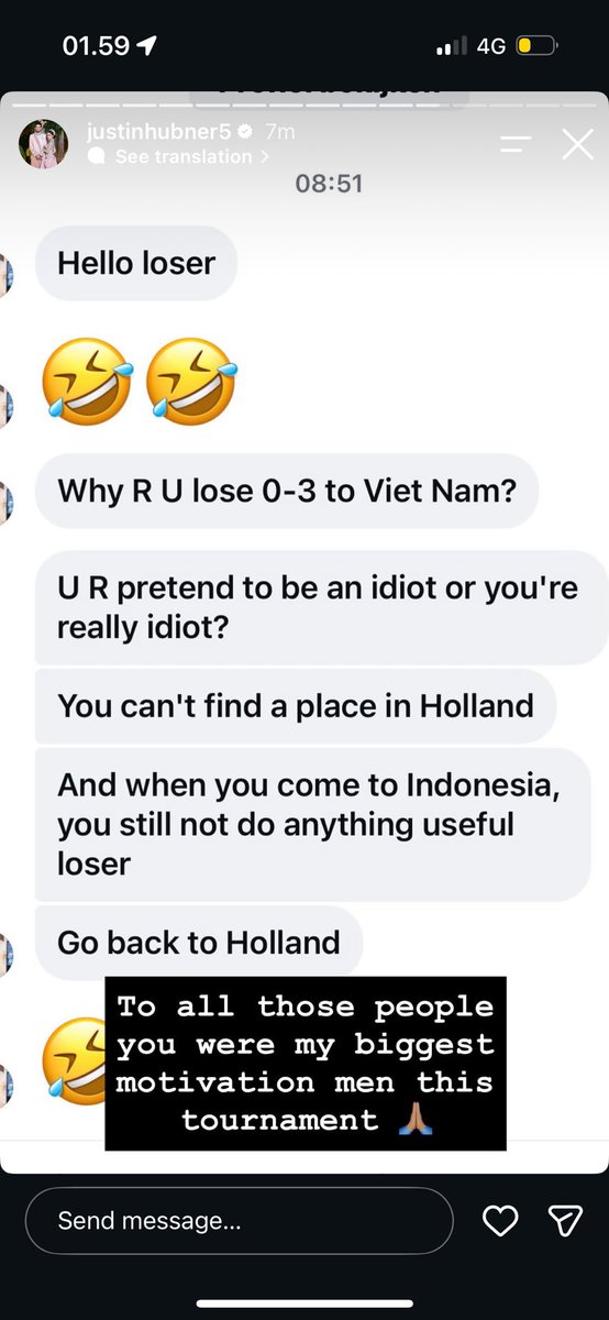aracisoyo's tweet photo. Hubner ternyata capturin dm yg ngehujat timnas waktu kalah lawan vietnam kemarin, katanya itu jadi alasan kuat dia buat menang malam ini🥹😭 https://t.co/mMpUxVWLKq