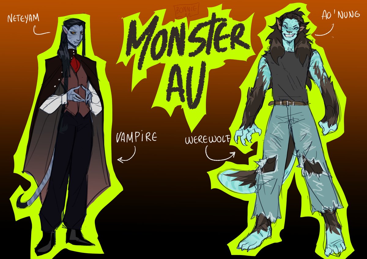 BonnieM02's tweet photo. Lo estuve pensando y... por qué solo una ilustracion cuando puedo hacer un AU de monstruos de Aonunete? jejeje como no, el clásico Vampiro con Hombre lobo 💙🎃 #aonunete https://t.co/43QlrAjWk4