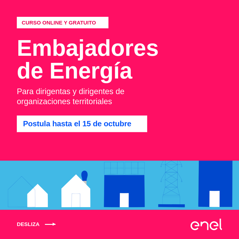 Enel_Informa_CL's tweet photo. ¿Lideras una organización territorial? Conviértete en el puente entre tu comunidad y la información que necesita. 💡Postula aquí 👉 https://t.co/MgkAldRwWI
#EnelDistribucion #EmbajadoresdeEnergia #eneldx https://t.co/wRP9JXSJxU