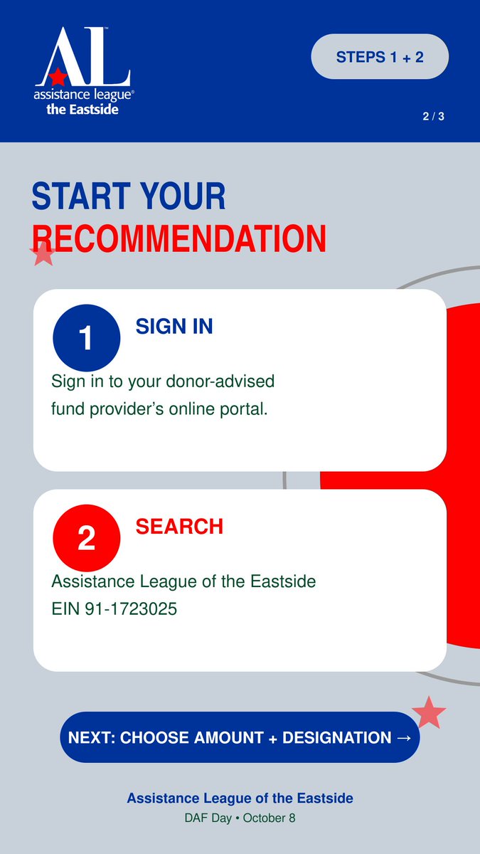 ALEastside's tweet photo. 1. Sign in to your DAF provider.  2. Search Assistance League of the Eastside, EIN 91-1723025. https://t.co/WpKvhB5Qry