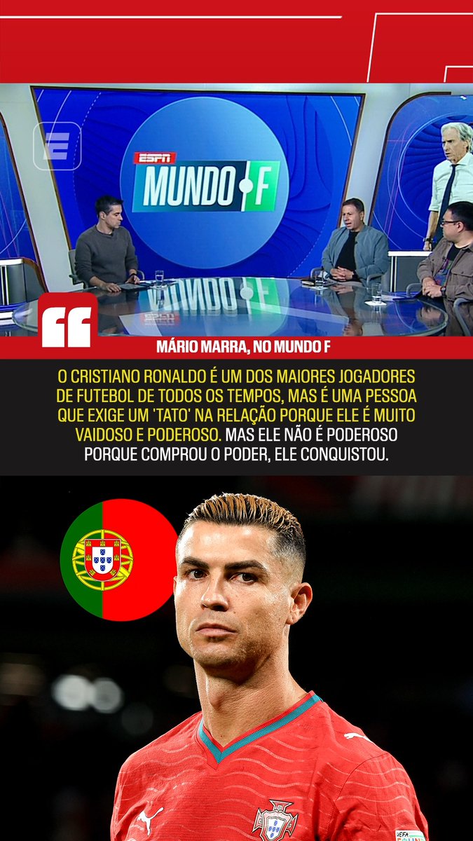 A promotional image for the ESPN show "Mundo F" features a panel discussion led by Mário Marra, with a quote about Cristiano Ronaldo displayed above a photo of Ronaldo in his Portugal kit alongside the Portuguese flag. The accompanying post reflects on Ronaldo's stature as a legendary player who earned his power through hard work, while also noting the need for players to represent the Portugal national team rather than playing solely for Ronaldo.