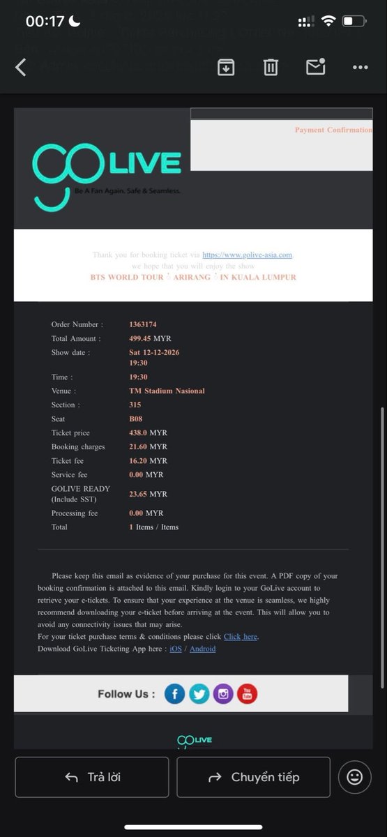 sagitt231's tweet photo. Mình pass 3 vé concert BTS CAT 6 chặng Malaysia
Day 1: Khu 315 ghế B08 3tr9
Day 2: Khu 313 ghế J14 J15 7tr8 (không lẻ)
Sau khi mua sẽ giao acc golive
Chuyển khoản/giao dịch trực tiếp ở HNoi. 
Nếu bạn cần proof uy tín mình sẵn sàng show 🥰
#BTS_WORLDTOUR_ARİRANG https://t.co/sYHs0RLUnD