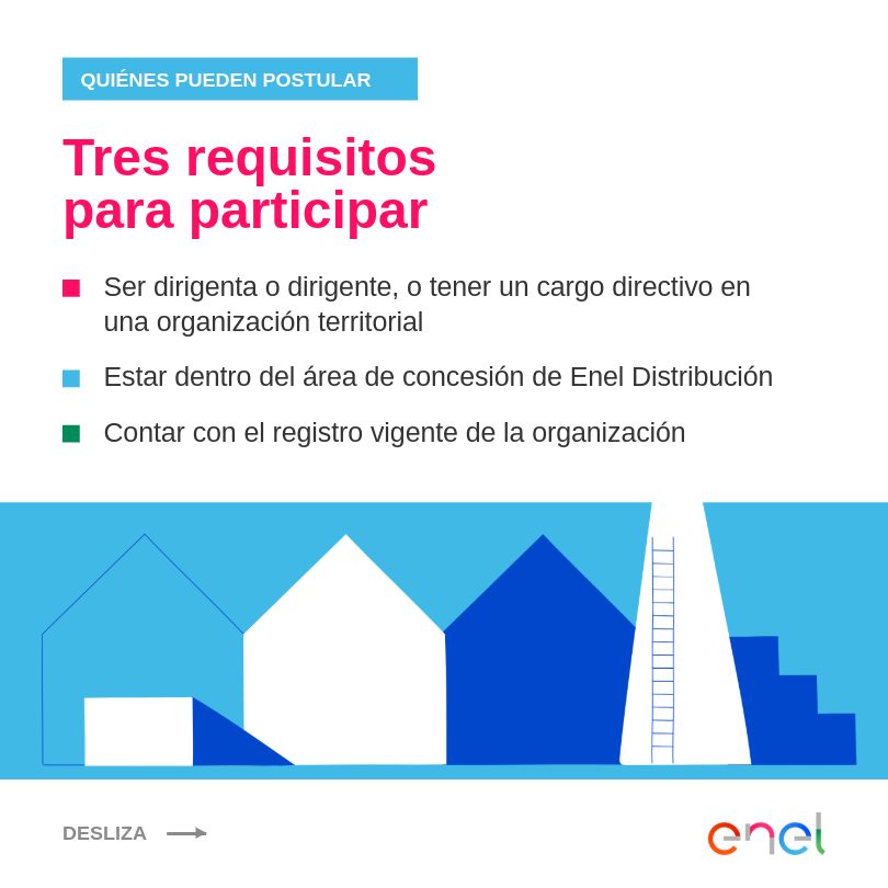 Enel_Informa_CL's tweet photo. ¿Lideras una organización territorial? Conviértete en el puente entre tu comunidad y la información que necesita. 💡Postula aquí 👉 https://t.co/MgkAldRwWI
#EnelDistribucion #EmbajadoresdeEnergia #eneldx https://t.co/wRP9JXSJxU