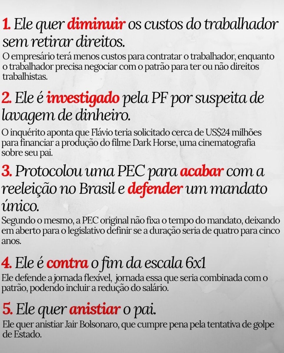 srchastrong's tweet photo. 5 motivos para NÃO votar em Flávio Bolsonaro no segundo turno!

#Eleições2026 #EleNão https://t.co/Tf0qZ4l9IF