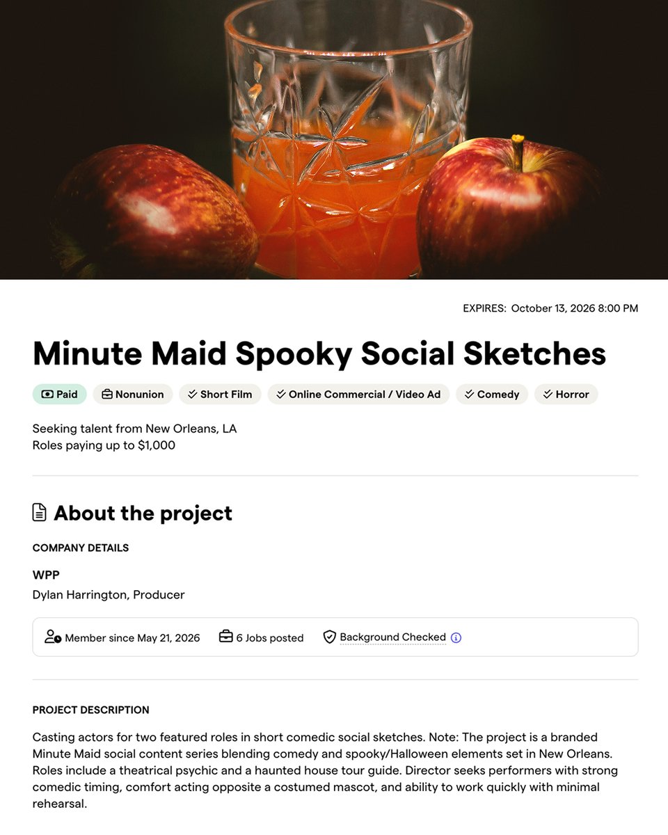 Backstage's tweet photo. Freshly squeezed scares, anyone?

Minute Maid is casting actors for spooky comedy sketches filming in New Orleans, with roles paying up to $1,000. Apply here: https://t.co/MCnaK0a4UH https://t.co/OhNSAHXsDf