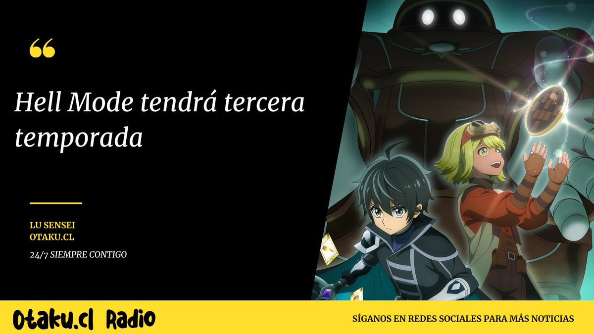 OtakuCLRADIO's tweet photo. Hell Mode tendrá tercera temporada

Recuerda sintonizar nuestra radio:  https://t.co/1PpCk66gAo

#HellMode #HellModeYarikomiSukinoGamerwaHaiSetteinoIsekaideMusōSuru #noticiasdeanime #anime2026 #anime #jpop #jrock #kpop #vocaloid #CulturaOtaku #otaku #otakucl #AnimeRadio https://t.co/6iGUs3uunb