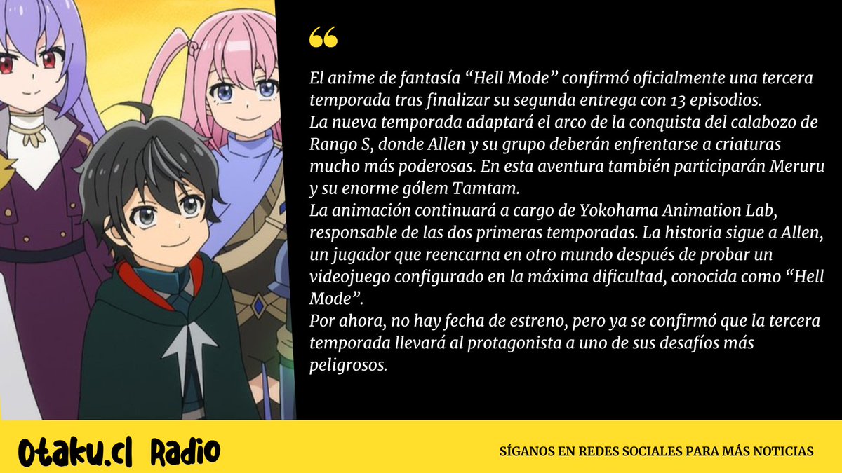 OtakuCLRADIO's tweet photo. Hell Mode tendrá tercera temporada

Recuerda sintonizar nuestra radio:  https://t.co/1PpCk66gAo

#HellMode #HellModeYarikomiSukinoGamerwaHaiSetteinoIsekaideMusōSuru #noticiasdeanime #anime2026 #anime #jpop #jrock #kpop #vocaloid #CulturaOtaku #otaku #otakucl #AnimeRadio https://t.co/6iGUs3uunb