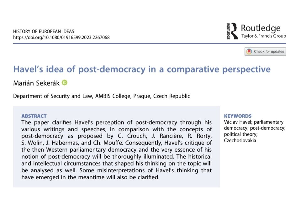 MarianSekerak's tweet photo. Václav #Havel would be 9️⃣0️⃣ today. 🎂
His insights into the cracks of modern #democracy are more vital than ever.
I analyzed his unique approach to post-democracy in my 2024 paper published in the History of European Ideas. Take a look at the comparative perspective! 📄 https://t.co/Cq40cB8XHw