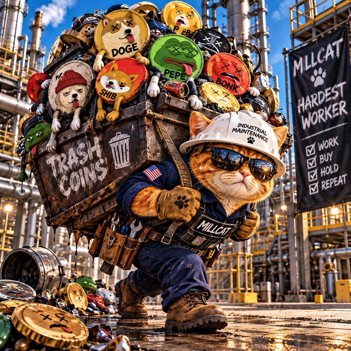Llarpp's tweet photo. $MILLCAT heard it was trash day…🗑️

Bro clocked in and found half the crypto market waiting by the curb. 😭💀

DOGE, PEPE, SHIB, BONK: “Where are we going?”

$MILLCAT: “Don’t worry about it.” 🚛😂

Somebody’s gotta clean up this market. 🐱🔧

$MILLCAT — THE HARDEST WORKER IN CRYPTO.

#MILLCAT #Memecoin #Crypto #TrashDay