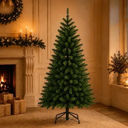 An artificial Christmas tree stands undecorated in a warm, festive living room next to a fireplace adorned with a lit wreath, garland, and wrapped gifts.