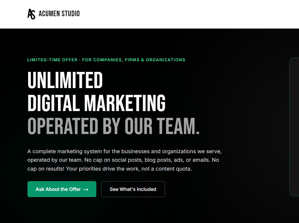 AcumenStudio's tweet photo. Stop paying for marketing hours and start paying for output. The Acumen Marketing OS provides unlimited deliverables for the cost of a tool. Our team operates the system for you.

Start operating your marketing. https://t.co/QVmPC1mkKQ