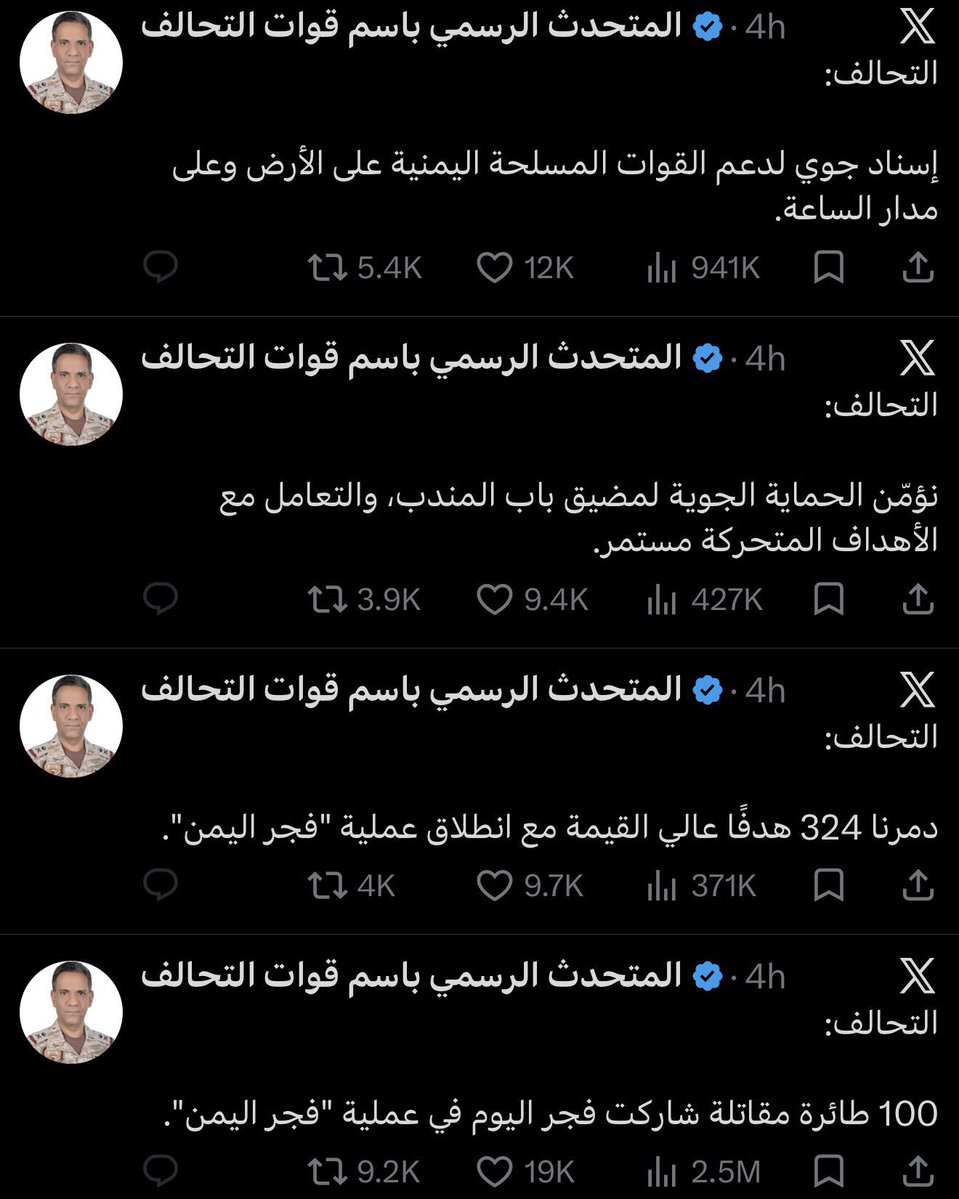 abdullah1063's tweet photo. المتحدث باسم تحالف دعم الشرعية: 

🔴 دمرنا 324 هدفا عالي القيمة مع انطلاق عملية "فجر اليمن"
 
🔴 نؤمن الحماية الجوية لمضيق باب المندب
 
🔴 100 طائرة مقاتلة شاركت فجر اليوم في عملية "فجر اليمن"

🔴  إسناد جوي لدعم القوات المسلحة اليمنية على الأرض على مدار الساعة https://t.co/A0lImBw1jL