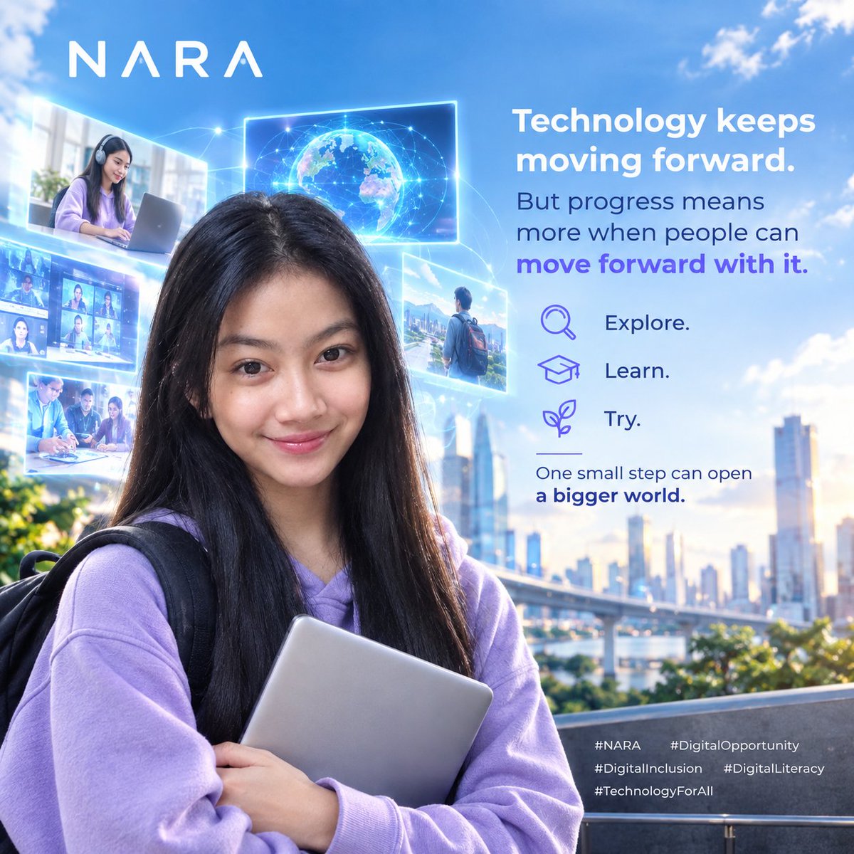 naracheers's tweet photo. Technology keeps moving forward.

But progress means more when people can move forward with it.

Explore.
Learn.
Try.

One small step can open a bigger world.

#NARA #DigitalOpportunity #DigitalInclusion #DigitalLiteracy #TechnologyForAll https://t.co/aTYrCrfrvl