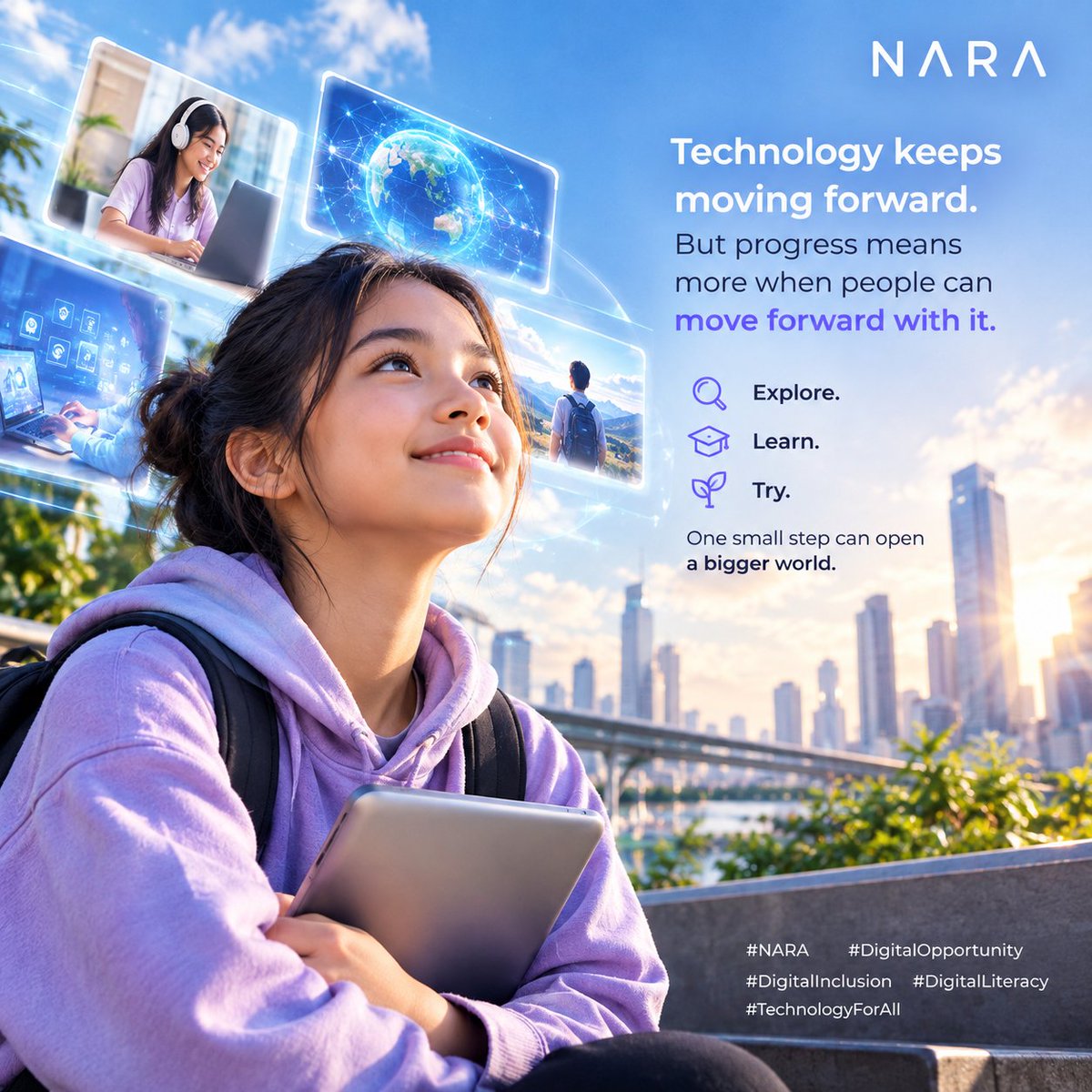 naracheers's tweet photo. Technology keeps moving forward.
But progress means more when people can move forward with it.
Explore. Learn. Try.
One small step can open a bigger world.
#NARA #DigitalOpportunity #DigitalInclusion #DigitalLiteracy #TechnologyForAll https://t.co/fGKfVadWQl