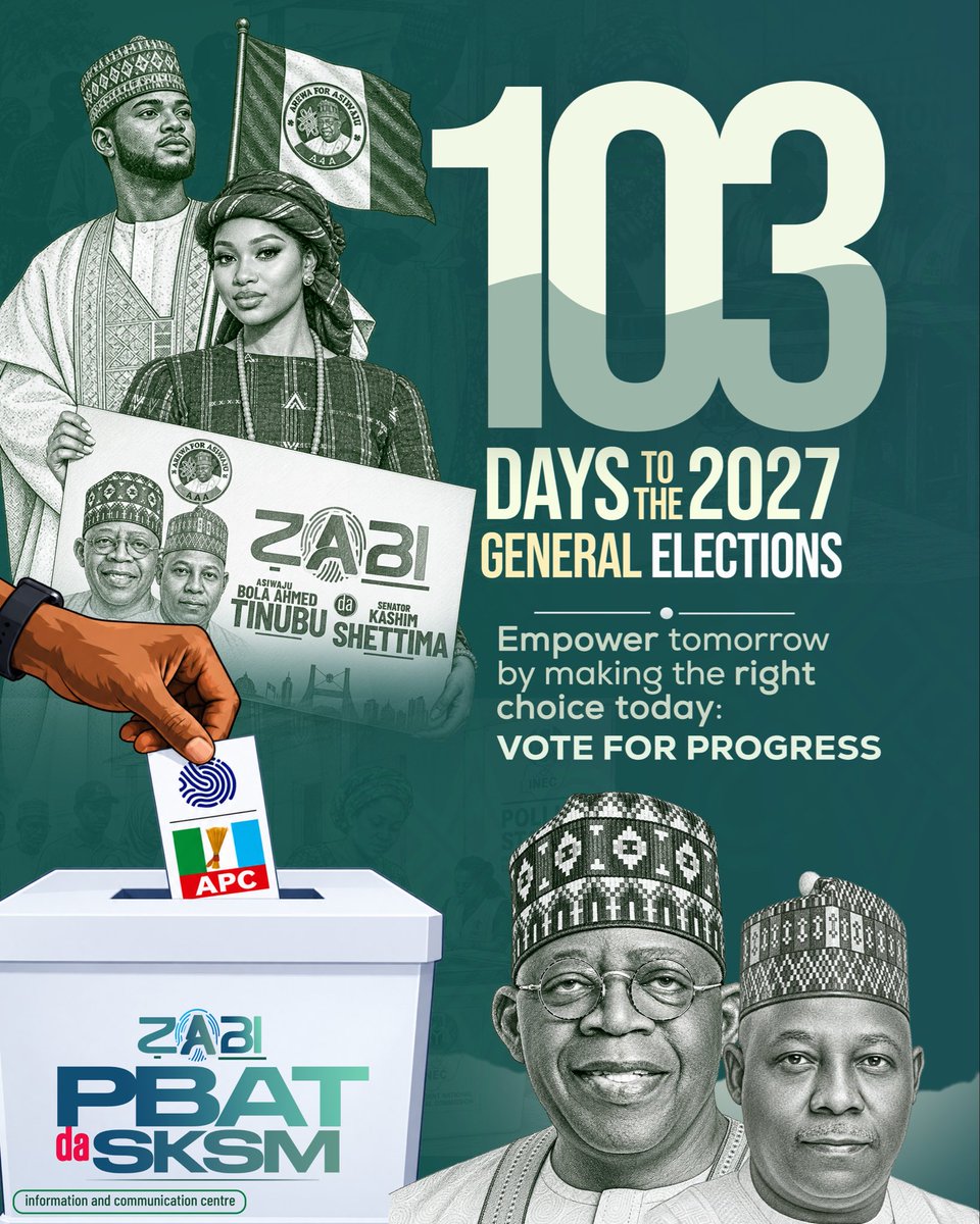 A4Afct's tweet photo. It’s 103 days to the 2027 general elections: Empower tomorrow by making the right choice today: Vote for progress, vote Asiwaju Bola Ahmed Tinubu  and Senator Kashim Shettima. 

South west I ondo state I Ducan #Osun #lagoslife https://t.co/XYksI7T9JW