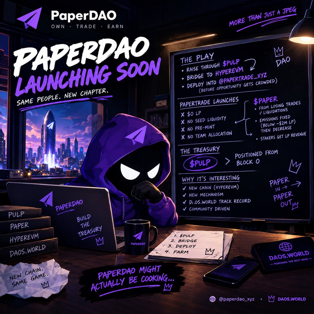 BlastRunnersPVP's tweet photo. PaperDAO is looking kinda interesting ngl 👀

@paperdao_xyz caught my attention because they’re taking a pretty different approach to the usual token launch.

Papertrade starts with:

• $0 LP
• No seed liquidity
• No pre-mint
• No team allocation

$PAPER is created through losing trades/liquidations, and emissions stay fixed while LP is below roughly $2M before starting to decrease.

Stakers also get a share of the LP revenue.

But the part I’m watching is PaperDAO itself.

The play is basically:

Raise through $PULP → bridge the treasury to HyperEVM → deploy into @papertrade_xyz from block 0.

So instead of everyone trying to catch the opportunity individually, the DAO is trying to position the treasury early and farm the ecosystem together.

And considering https://t.co/nIQqcCgGpn has produced some serious runners before, I can see why this one is getting attention.

New chain.
New mechanism.
Same old crypto game:

position before everyone notices 😂

PaperDAO might actually be cooking here 🫡📜🔥
