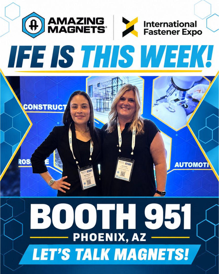 AmazingMagnets's tweet photo. IFE is this week! 🧲 Meet Amazing Magnets at Booth 951 in Phoenix. Let’s talk magnetic solutions, put your strength to the test with our Thor hammer challenge, and enter for a chance to win prizes! 🔨🎁

#InternationalFastenerExpo #AmazingMagnets https://t.co/Y5CheIdX8F