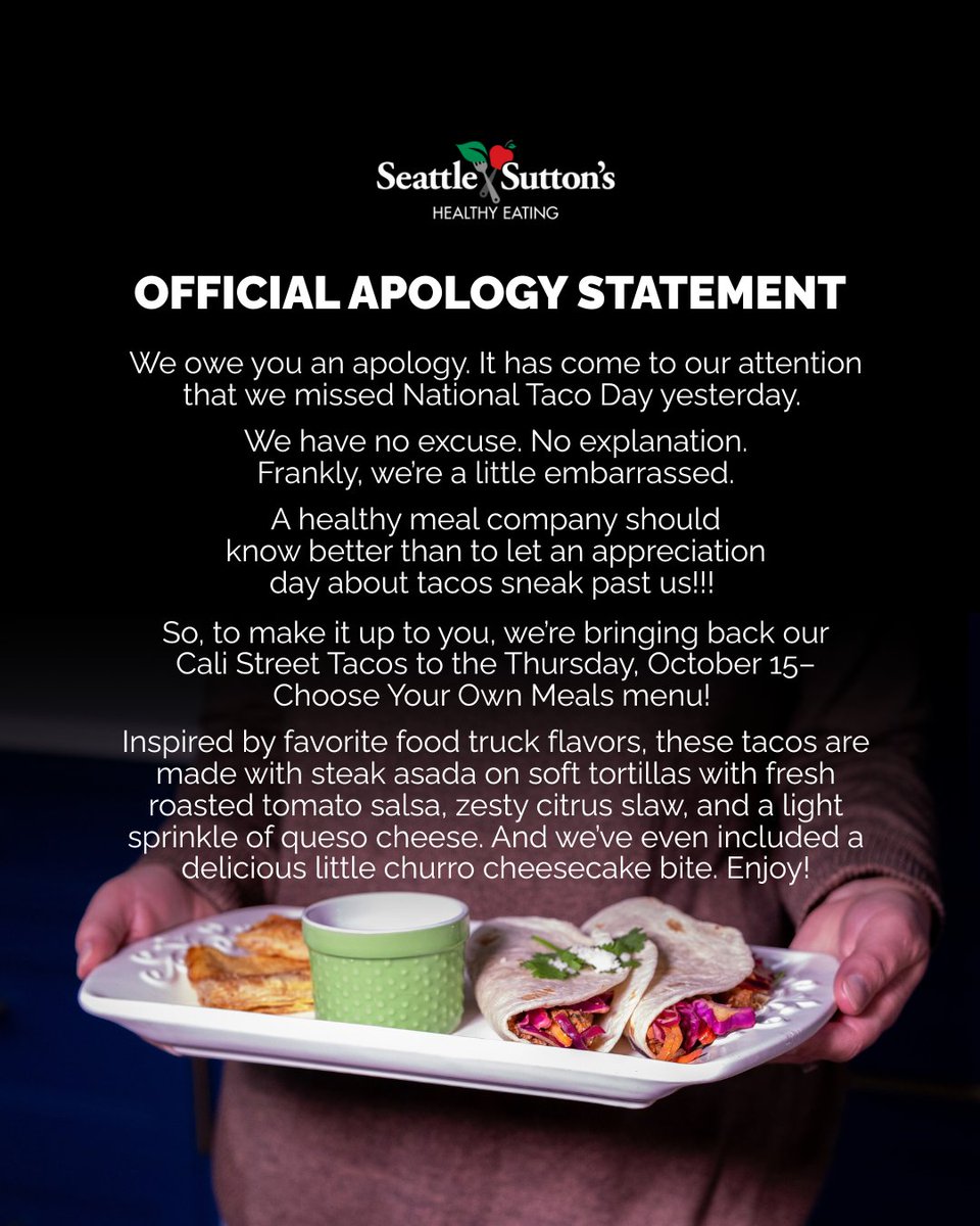 SeattleSutton's tweet photo. We’re sorry we missed Taco Day. But we think our customers will forgive us after tasting this meal (especially that churro cheesecake!)

#seattlesuttons #apologyletter #tacoday #healthyeating #freshmeals #mealdelivery #churrocheesecake https://t.co/tufoGyawya