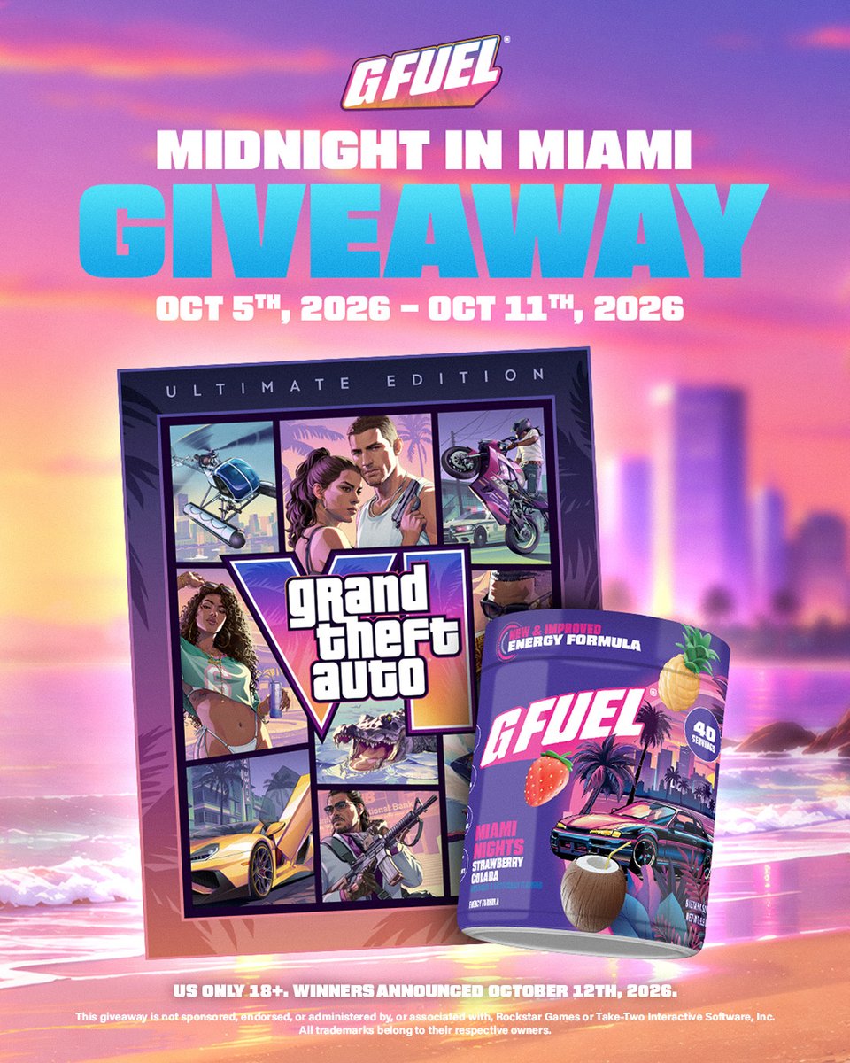GFuelEnergy's tweet photo. Like + RT + Comment #GFUELMidnightinMiami for a chance to win a copy of GTA VI Ultimate Edition! 🎮🌴 

Bonus entry if you follow us 👀 

Rules: https://t.co/VmqvwNfKw6 https://t.co/UDavQaAbcY