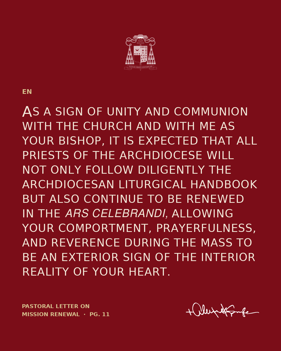 ArchbishpSample's tweet photo. As the Holy Sacrifice of the Mass is the source and summit of Christian life, its reverent celebration is central to the Church’s mission of evangelization.

In my recent Pastoral Letter on Mission Renewal, I call upon my brother priests in our archdiocese to celebrate the sacred liturgy with renewed reverence and fidelity to the Church’s liturgical norms.

The ars celebrandi, the art of celebrating, must give outward expression to what the Mass truly is: Christ’s sacrifice on the Cross made sacramentally present upon the altar.

Through his prayerful and reverent demeanor, the priest should help the faithful recognize this sacred reality and participate more deeply in the transcendent mystery of the Mass. 

A beautiful and reverent celebration is itself a form of catechesis, bearing witness to the faithful and visitors alike that we stand before a mystery worthy of our deepest love and adoration.

Read the pastoral letter here:  https://t.co/i1FKaAxB1d

Archdiocesan Liturgical Handbook: https://t.co/VzXNL7ZVkK