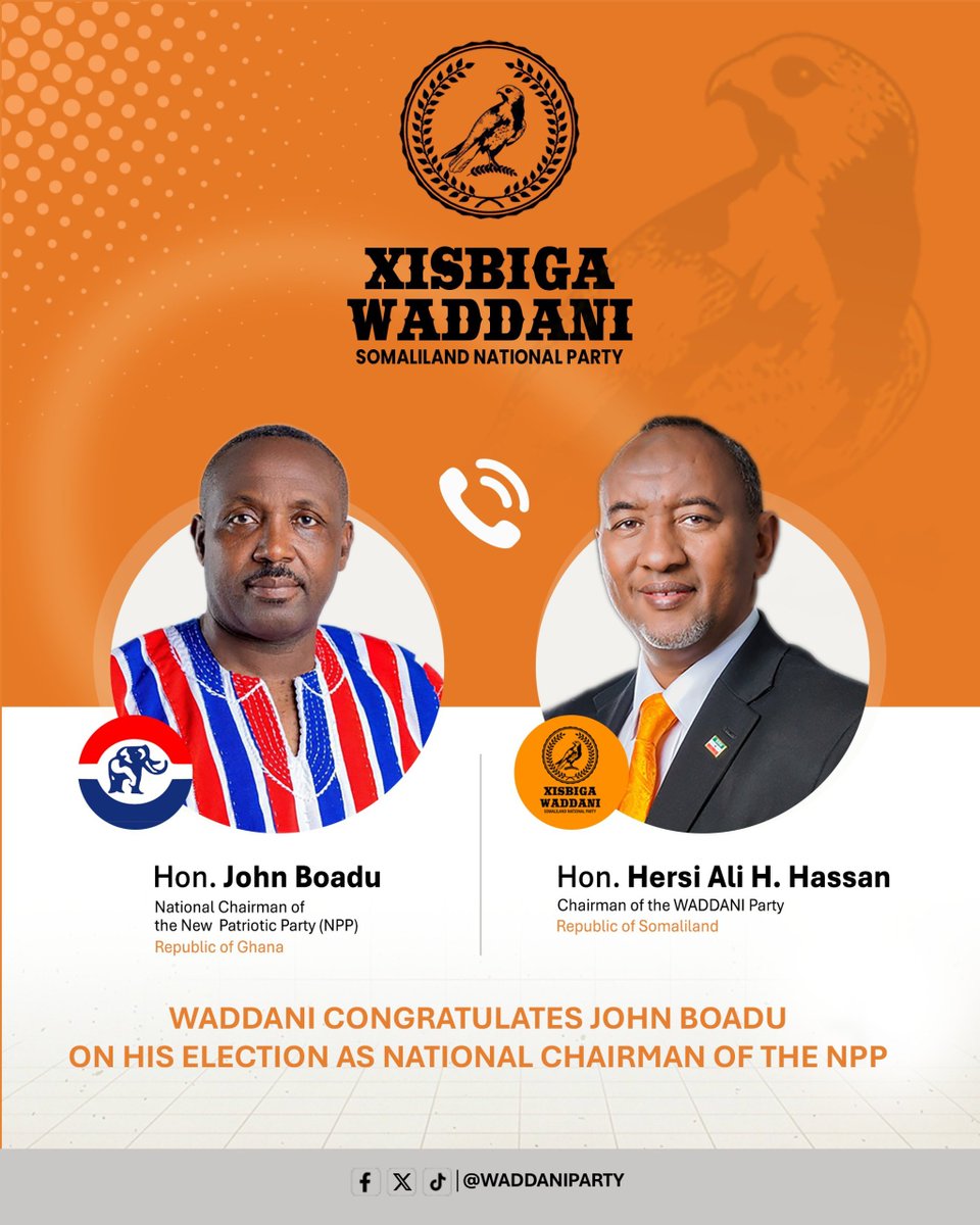 HersiAHassan's tweet photo. WADDANI Party Congratulates #JohnBoadu on Election as National Chairman of the The New Patriotic Party, #Ghana. #NPP 🇬🇭🤝 https://t.co/JhpTmN5LJX