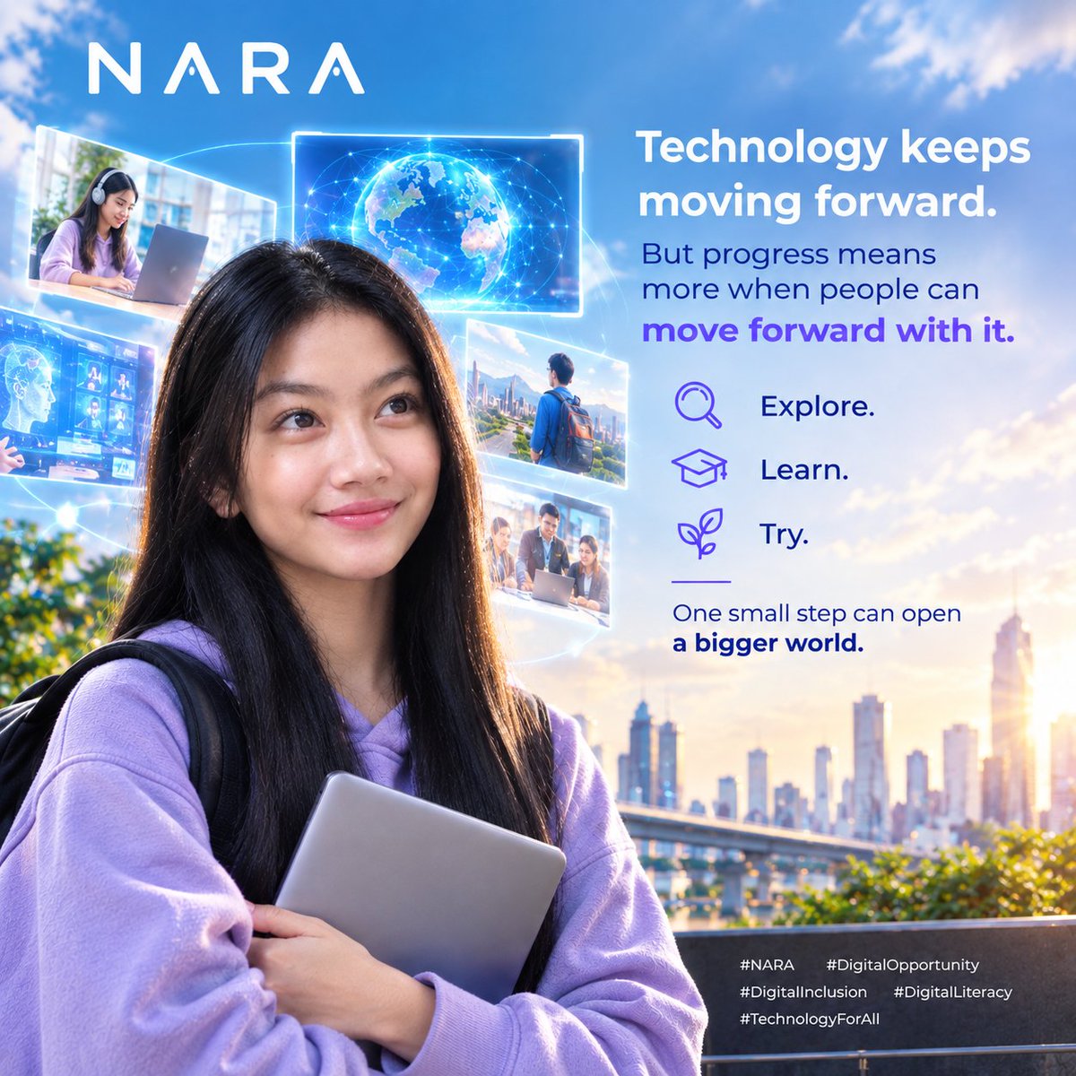 naracheers's tweet photo. Technology is moving fast.

The real question is:

Are we moving forward with it?

Explore.
Learn.
Try.

The future is bigger when access is open to everyone.

#NARA #DigitalOpportunity #DigitalInclusion #DigitalLiteracy #TechnologyForAll https://t.co/wNMZGeGbh2