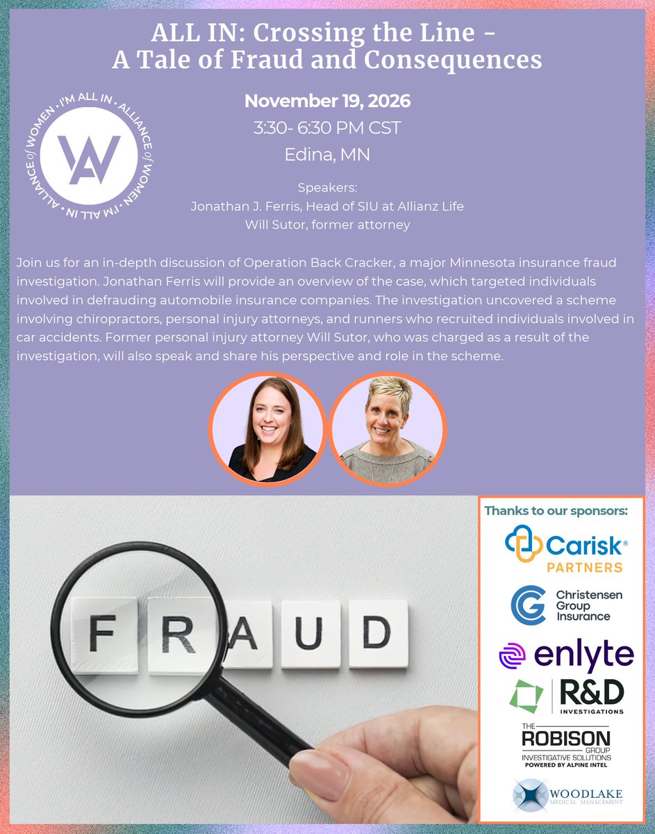 allianceofwomen's tweet photo. 🌟 New 🌟
📢 Upcoming Event: ALL IN: Crossing the Line - A Tale of Fraud and Consequences
📅 November 19, 2026, 3:30 - 6:30 PM CST
📍 Edina, MN
📲 Register now at https://t.co/6g4fNI4mJ8
#AllianceWC26 #events #workerscompensation #riskmanagement #womenininsurance https://t.co/hmBRIhNIXo