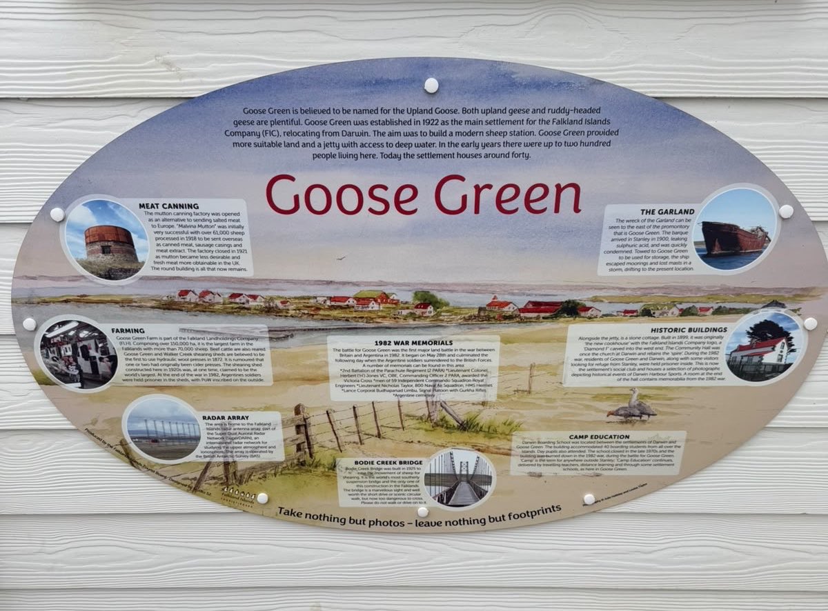 Colin_M_R's tweet photo. Good to visit Goose Green today and meet so many members of the community (including lots like us on a day trip from Stanley!). A beautiful setting, with powerful reminders.  #FalklandIslands https://t.co/XEg3bfRsJq