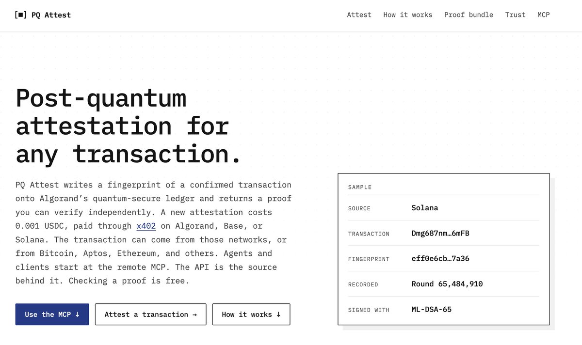 algodevs's tweet photo. Amazing work from community builder @Xxiled 👏

He built PQ Attest, a tool that records transaction fingerprints from multiple chains on Algorand's post-quantum ledger.

Now it supports block attestation + tx inclusion proofs, using Falcon-1024 on-chain &amp; ML-DSA-65 proofs! 🔐 https://t.co/Bv934MfRvI