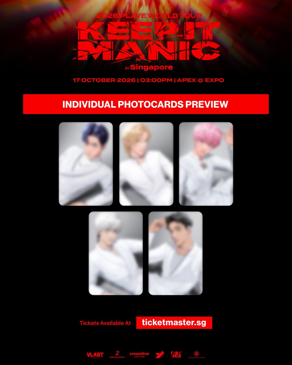 friedrice_live's tweet photo. 𝟐𝟎𝟐𝟔 𝐏𝐋𝐀𝐕𝐄 𝐖𝐨𝐫𝐥𝐝 𝐓𝐨𝐮𝐫 [𝐊𝐄𝐄𝐏 𝐈𝐓 𝐌𝐀𝐍𝐈𝐂] 𝐢𝐧 𝐒𝐢𝐧𝐠𝐚𝐩𝐨𝐫𝐞
🌟𝗜𝗡𝗗𝗜𝗩𝗜𝗗𝗨𝗔𝗟 𝗣𝗛𝗢𝗧𝗢𝗖𝗔𝗥𝗗𝗦 𝗣𝗥𝗘𝗩𝗜𝗘𝗪🌟

PLLIs, here's a sneak peek at the set of individual photocards waiting for ALL attendees at the concert! 🎁

🇸🇬 2026 PLAVE World Tour [KEEP IT MANIC] in Singapore

📅 Date: 17 October 2026 (Sat)​​
⏰ Time: 3PM
📍 Venue: APEX @ EXPO

🔗 Ticketmaster: https://t.co/E4Md9YHaJQ

#PLAVE #플레이브
#2026_PLAVE_World_Tour
#KEEP_IT_MANIC
#KEEP_IT_MANIC_in_Singapore
#2026_PLAVE_World_Tour_in_Singapore
#FriedRiceEnt #YJPARTNERS #LeslieStudioLtd