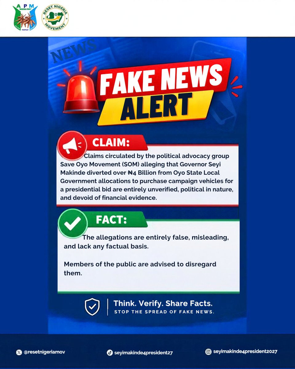 IdrisAdeoye7's tweet photo. Zero evidence, total falsehood.
​Baseless and politically motivated. Always verify before you share.
Join hands let's reset Nigeria together. 

#Nigeriafirst #resetnigeria  #Voteseyimakinde4president 
#Resetnigeria2027 #Seyimakinde2027 #Seyimakinde4president2027 https://t.co/uuyBtqwewu