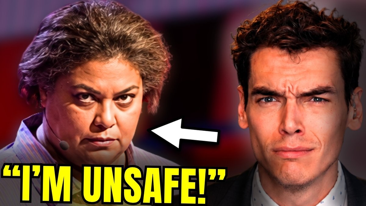 A YouTube thumbnail shows a split image of Roxane Gay on the left and a frowning man on the right, with an arrow pointing toward Gay and the bold text "I'M UNSAFE!" below, highlighting her controversial response after the Harvard panel incident mentioned in the post.