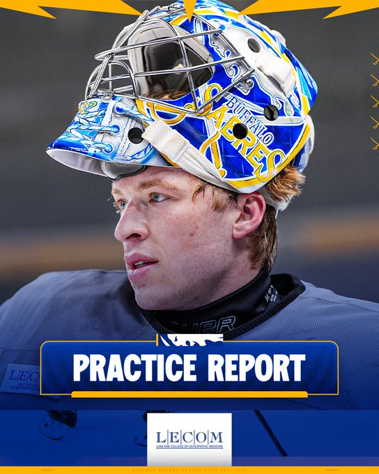 Buffalo Sabres goaltender Colten Ellis is featured in a "Practice Report" graphic, shown wearing his decorated blue, white, and gold goalie mask with the Buffasword logo, with sponsor branding from LECOM visible at the bottom.
